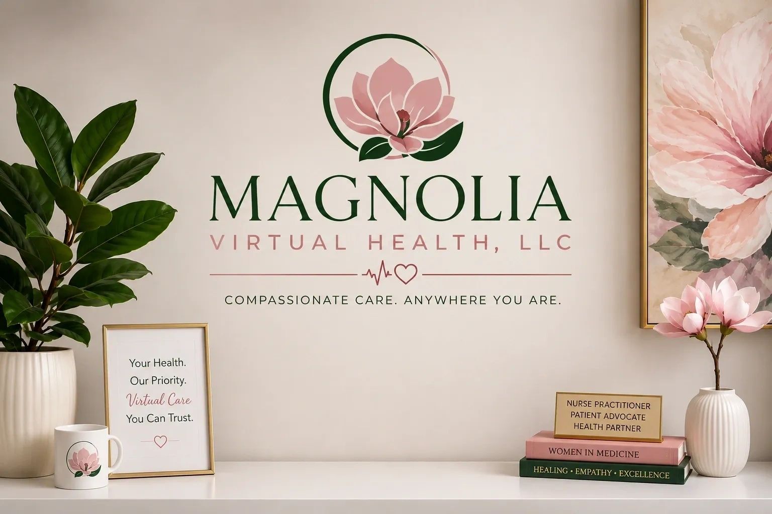 Magnolia Virtual Health office display with magnolia flowers and greenery